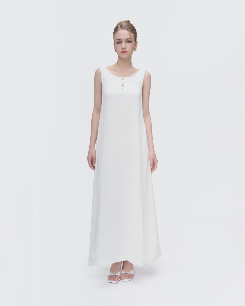 Classic white linen dress, perfect for parties and special events