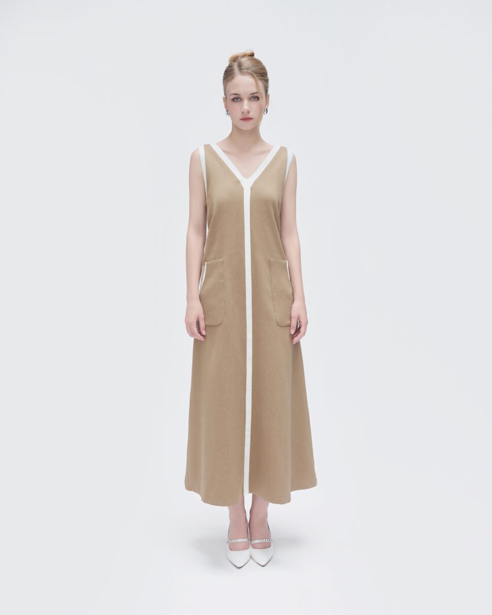 Sophisticated brown linen dress suitable for office wear or parties