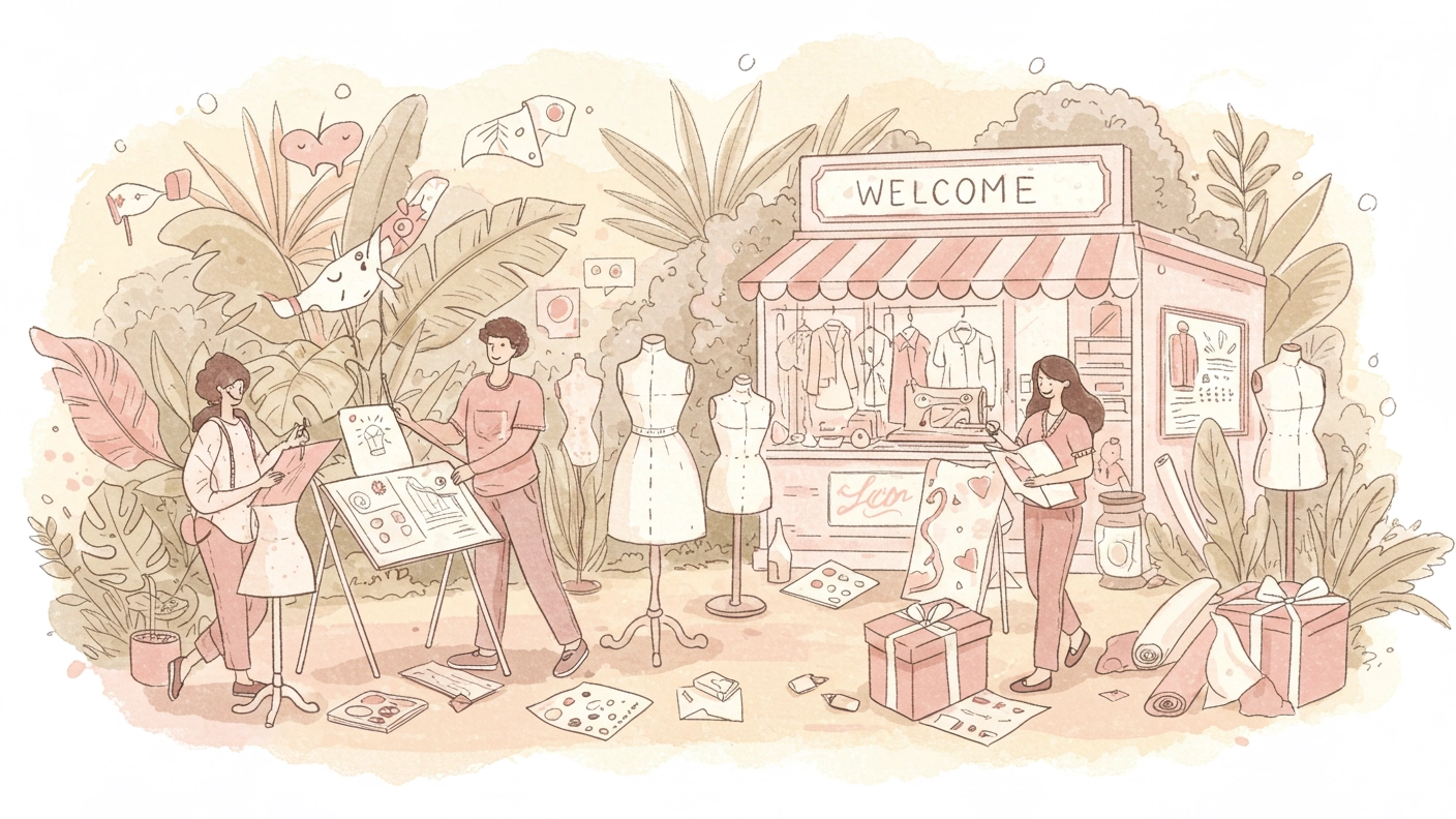 Illustration of designers and tailors collaborating outside a fashion studio surrounded by plants and sewing materials.