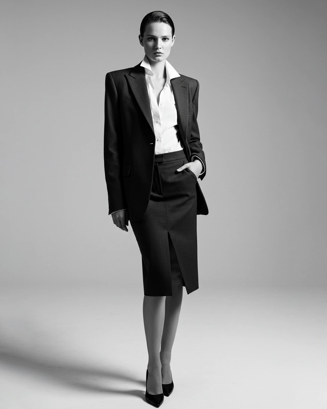 Elegant woman in a tailored suit poses confidently in a black and white setting.