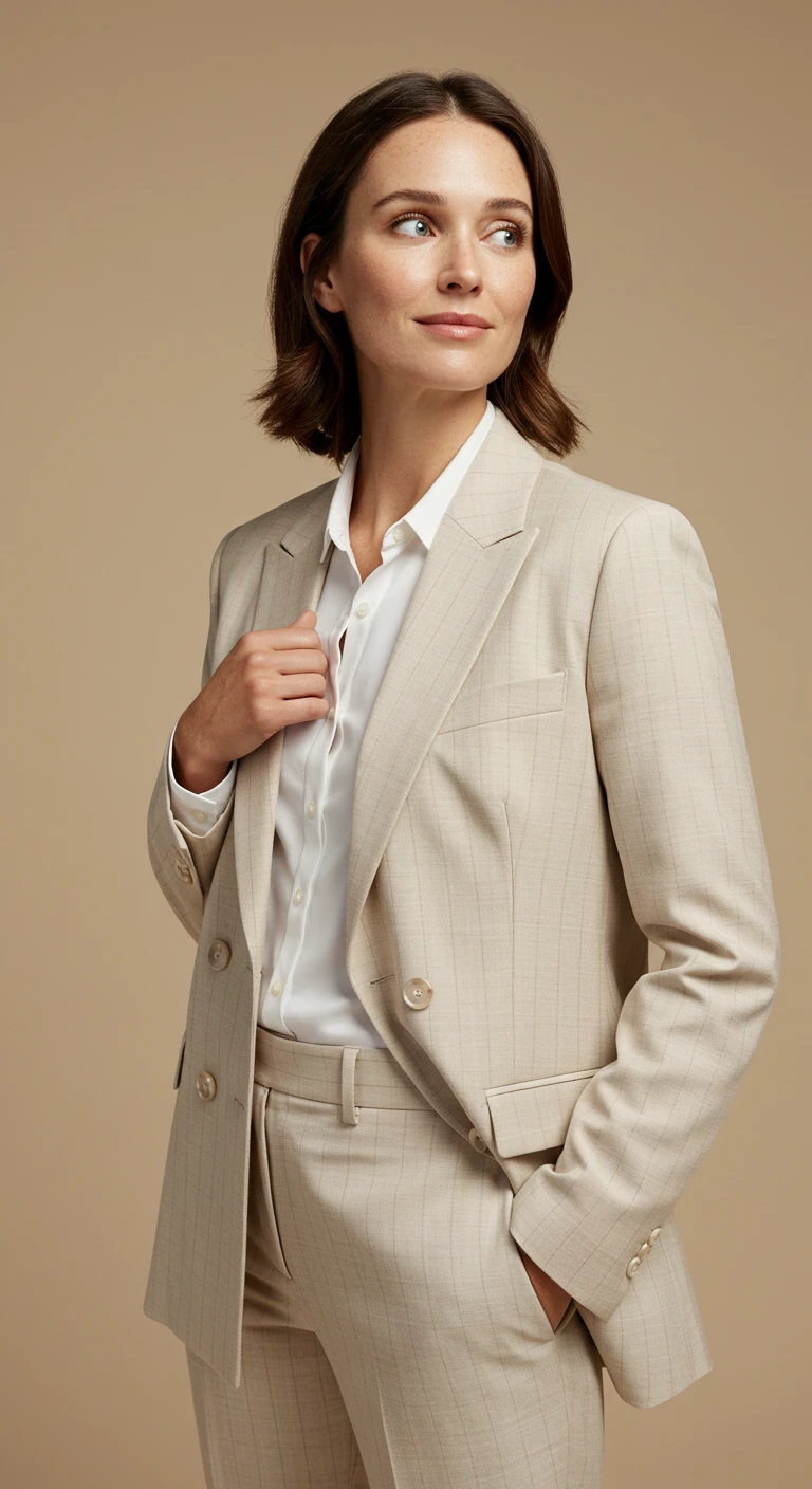 Professional woman in beige suit looking confidently to the side against a neutral background.