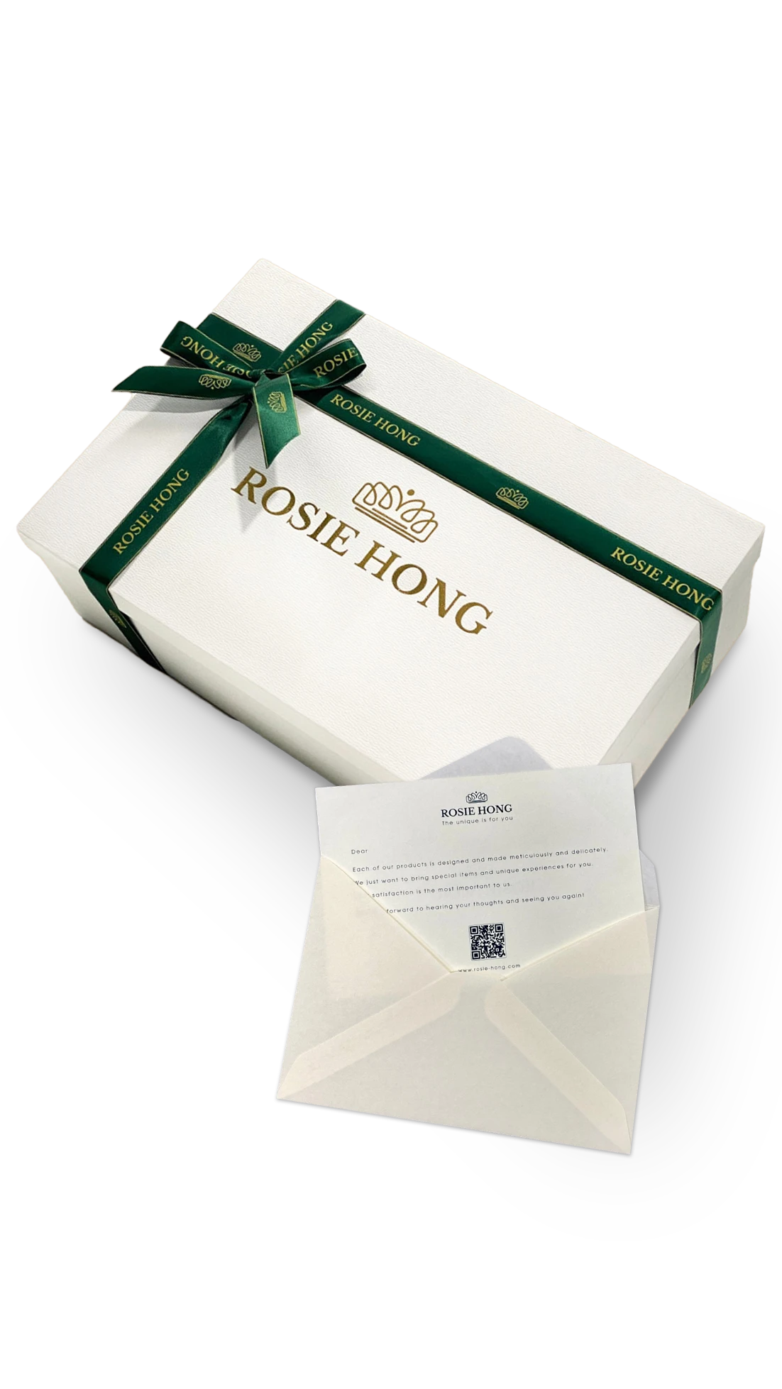 Elegant gift box with green ribbon and card from Rosie Hong, symbolizing luxury and sophistication.