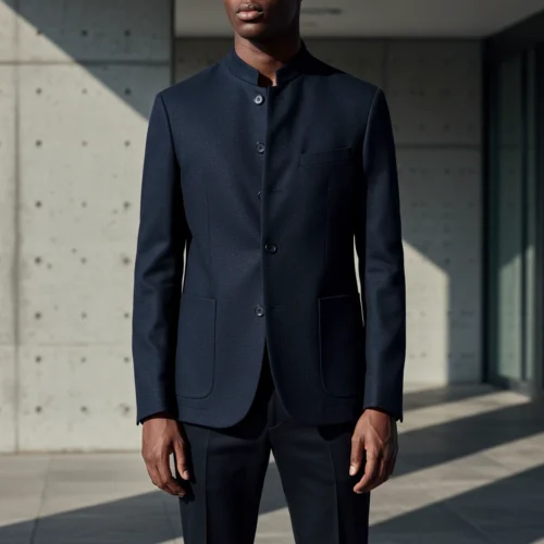 Man in sleek navy mandarin collar suit jacket standing outside a modern building, showcasing stylish menswear fashion.