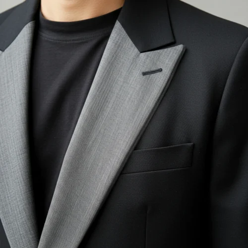 Close-up of a stylish black blazer with a contrasting gray lapel and a black t-shirt, perfect for formal occasions.