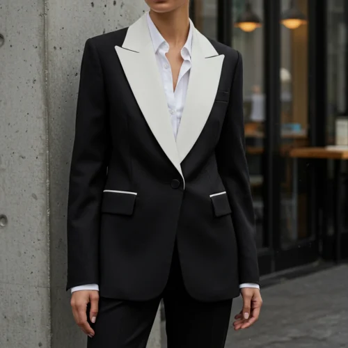 Woman in a stylish black tuxedo jacket with white lapel stands outside a modern building.