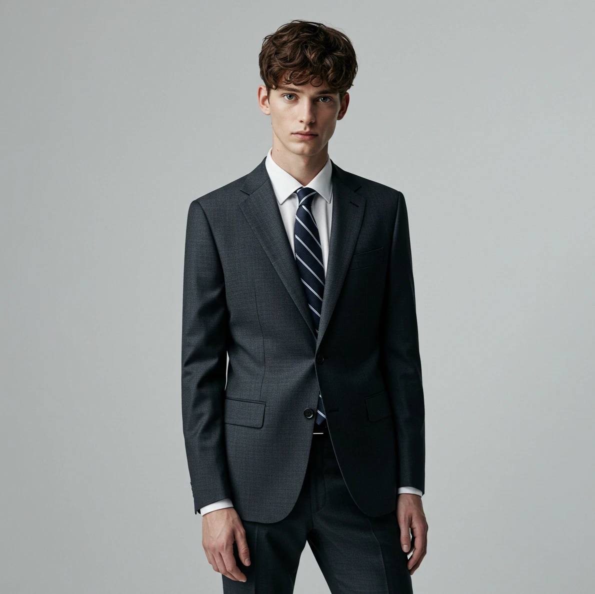 Man in tailored dark suit with white shirt and striped tie, standing. Professional business attire for formal occasions.