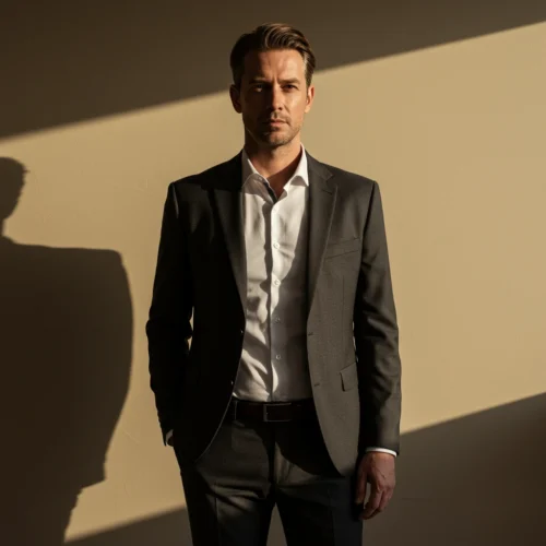 Man in a suit standing against a sunlit wall with sharp shadows, conveying a professional and confident demeanor.