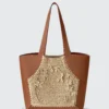 Brown vegan leather ROSIE HONG tote bag with intricate woven floral design, perfect for stylish everyday use.