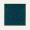 Navy blue and gold patterned silk scarf with floral motifs, bordered in gold. Stylish accessory for fashion enthusiasts.