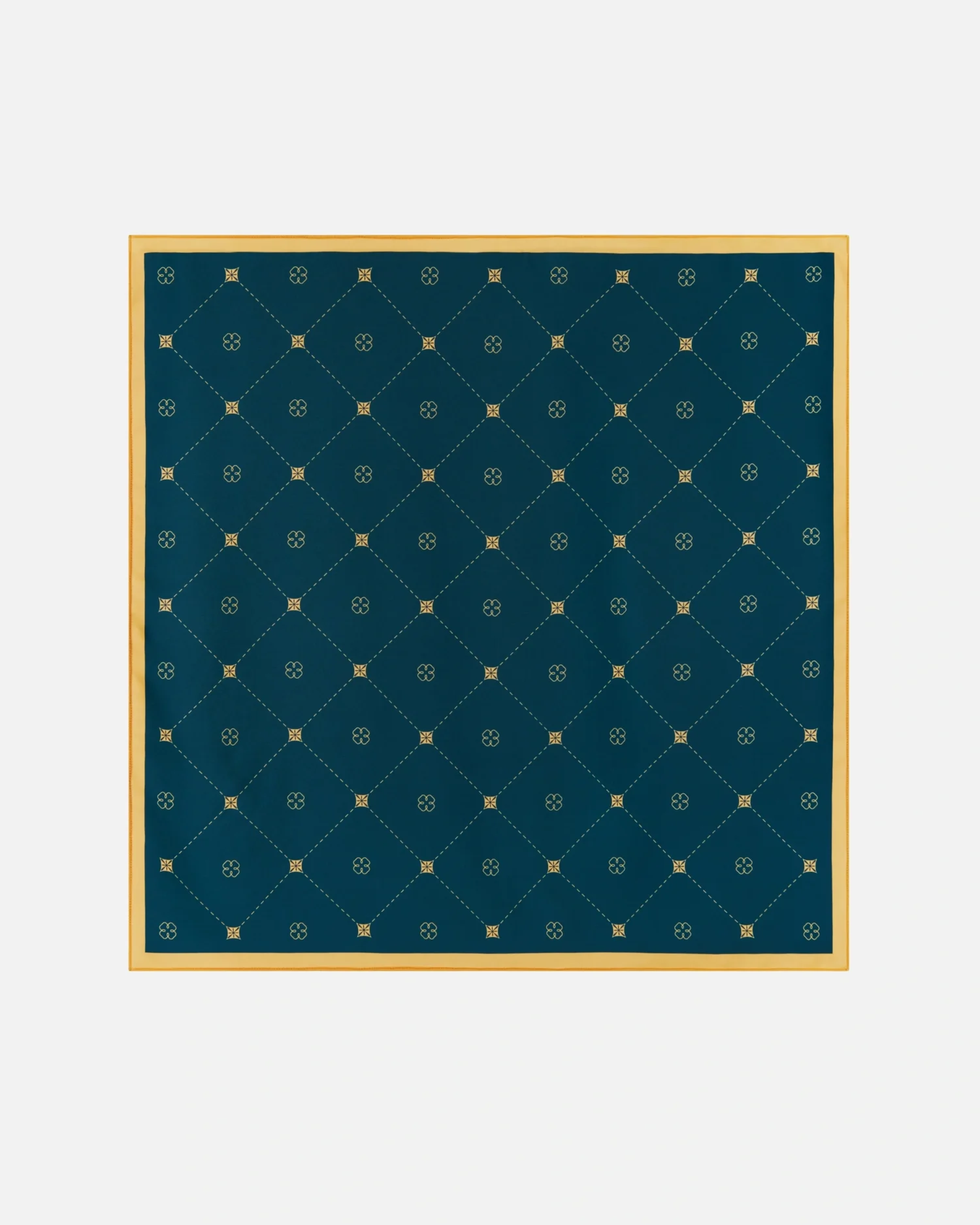 Navy blue and gold patterned silk scarf with floral motifs, bordered in gold. Stylish accessory for fashion enthusiasts.