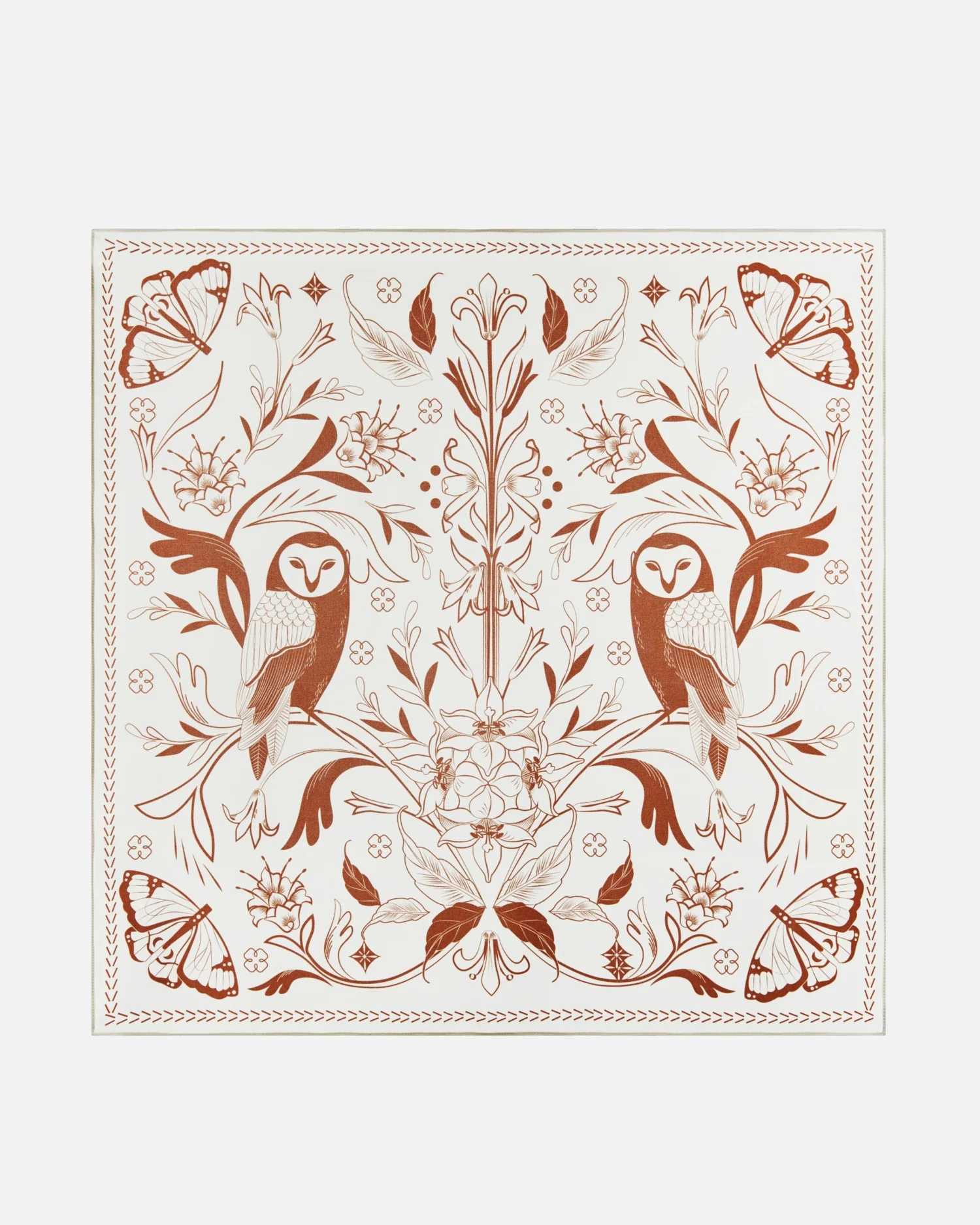 Intricate nature-themed illustration with owls, butterflies, and floral patterns, featuring a symmetrical design.