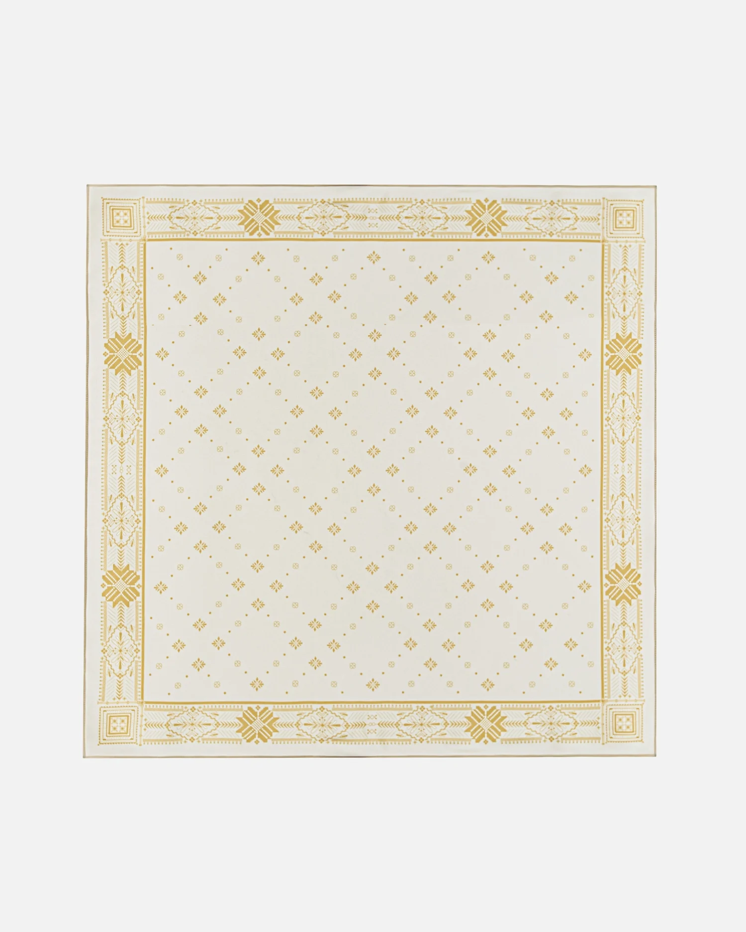 Elegant white and gold art deco patterned handkerchief with intricate border design on white background.
