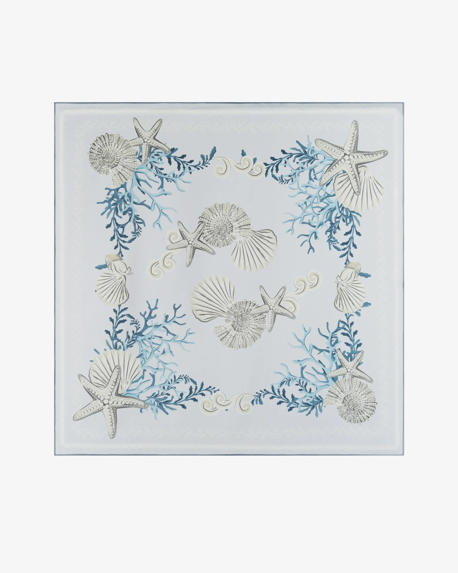 Elegant square scarf with seashell and starfish design on a pale blue background, featuring intricate coral patterns.