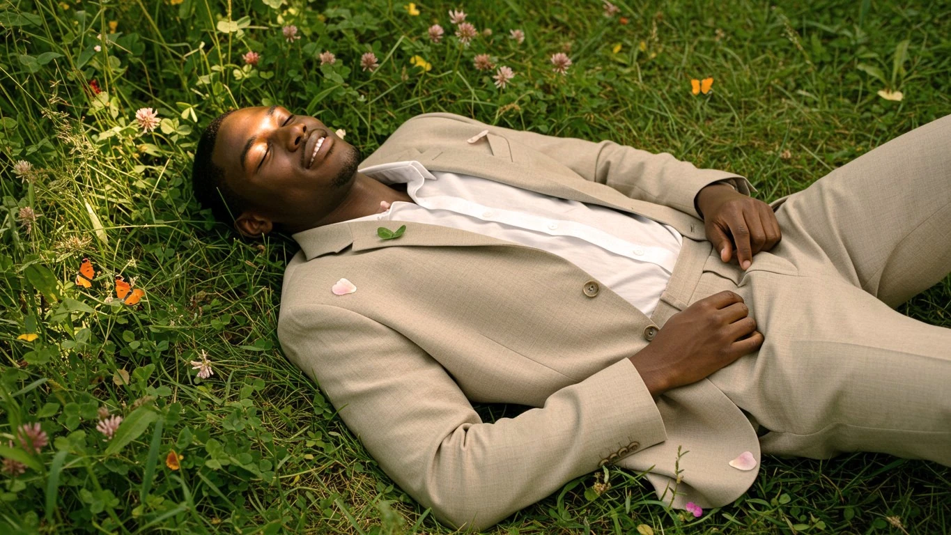Man in a beige suit relaxing on grass with flowers and butterflies around.