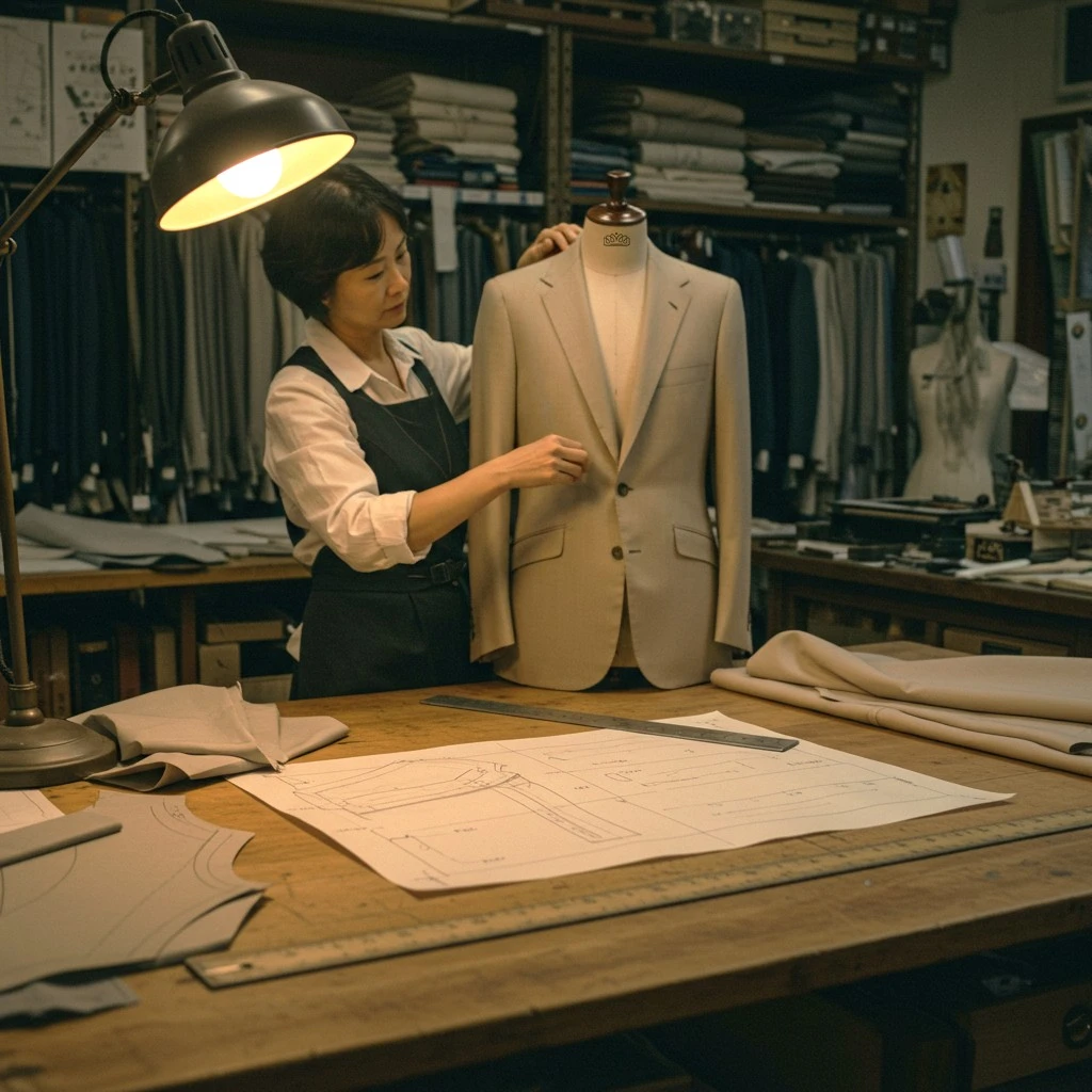 Tailor adjusting a beige suit jacket on a mannequin in a workshop with fabric and sewing patterns on the table.