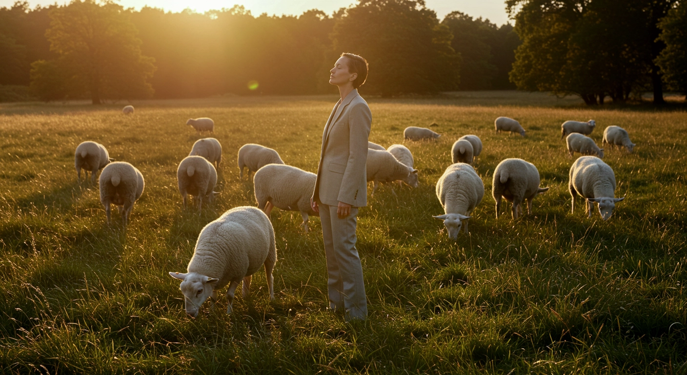 Person in a suit stands among sheep in a sunlit field, capturing a tranquil rural scene at dawn.