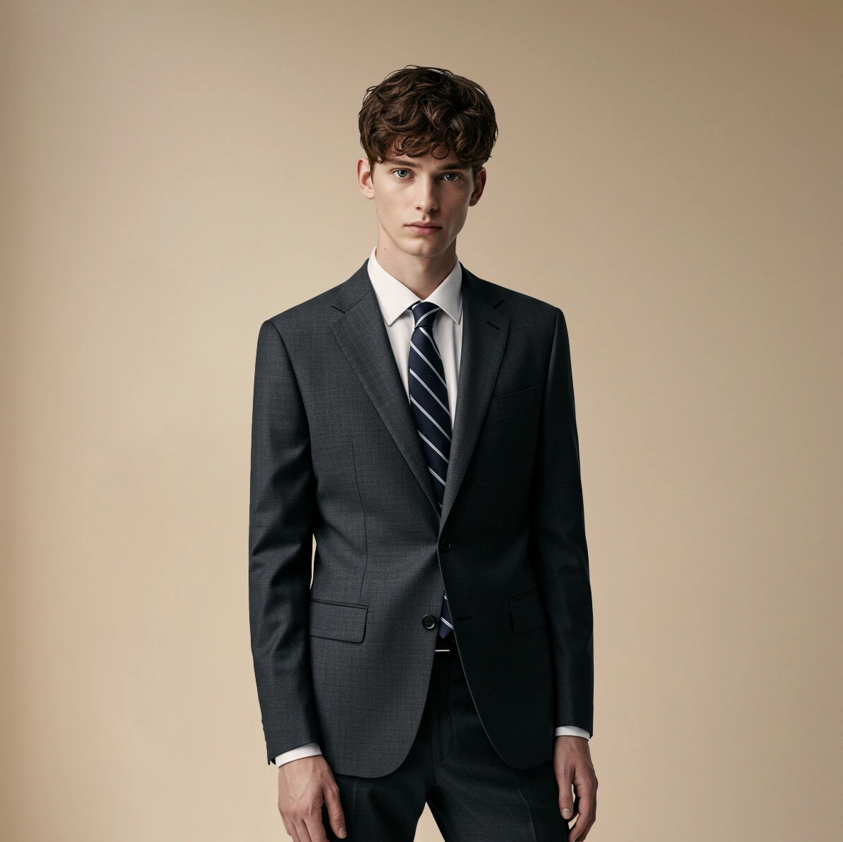 Young man in a sharp dark suit with a striped tie against a beige background, stylish and professional.