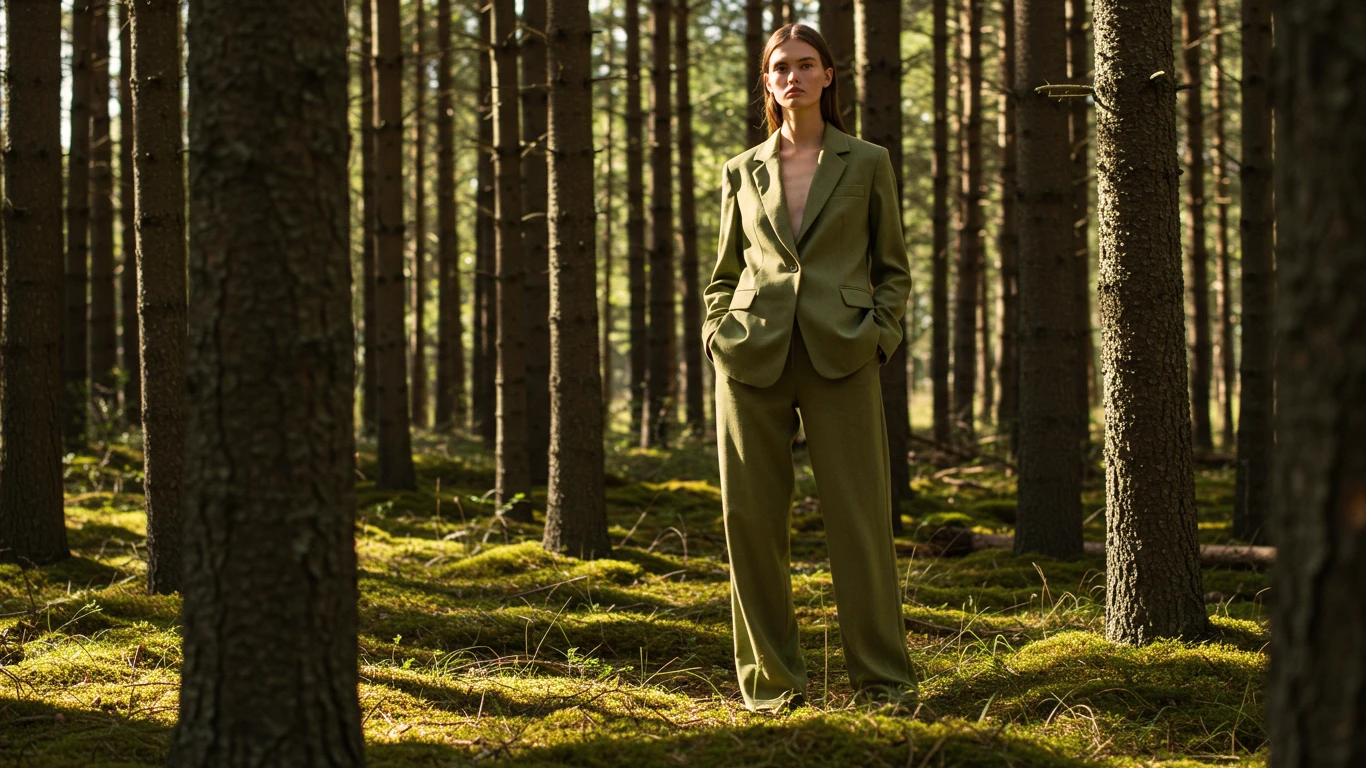 Woman in a green suit standing in a sunlit forest, surrounded by tall trees and mossy ground.