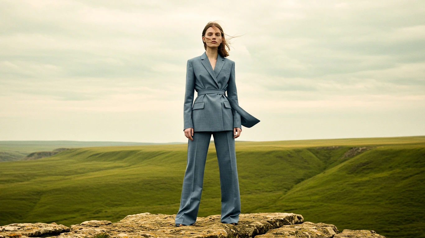 Woman in blue suit standing on rocky landscape with green hills under cloudy sky.