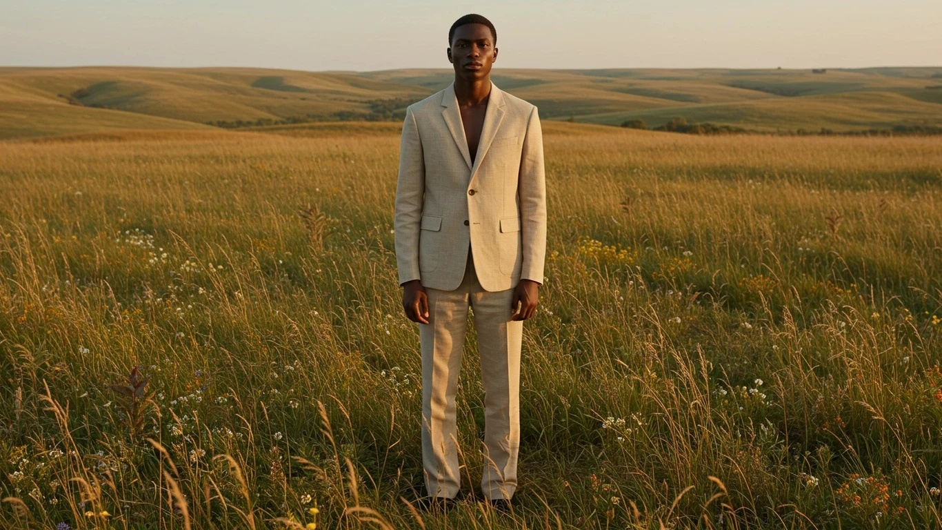 Man in beige suit standing in a meadow at sunset, surrounded by rolling green hills.