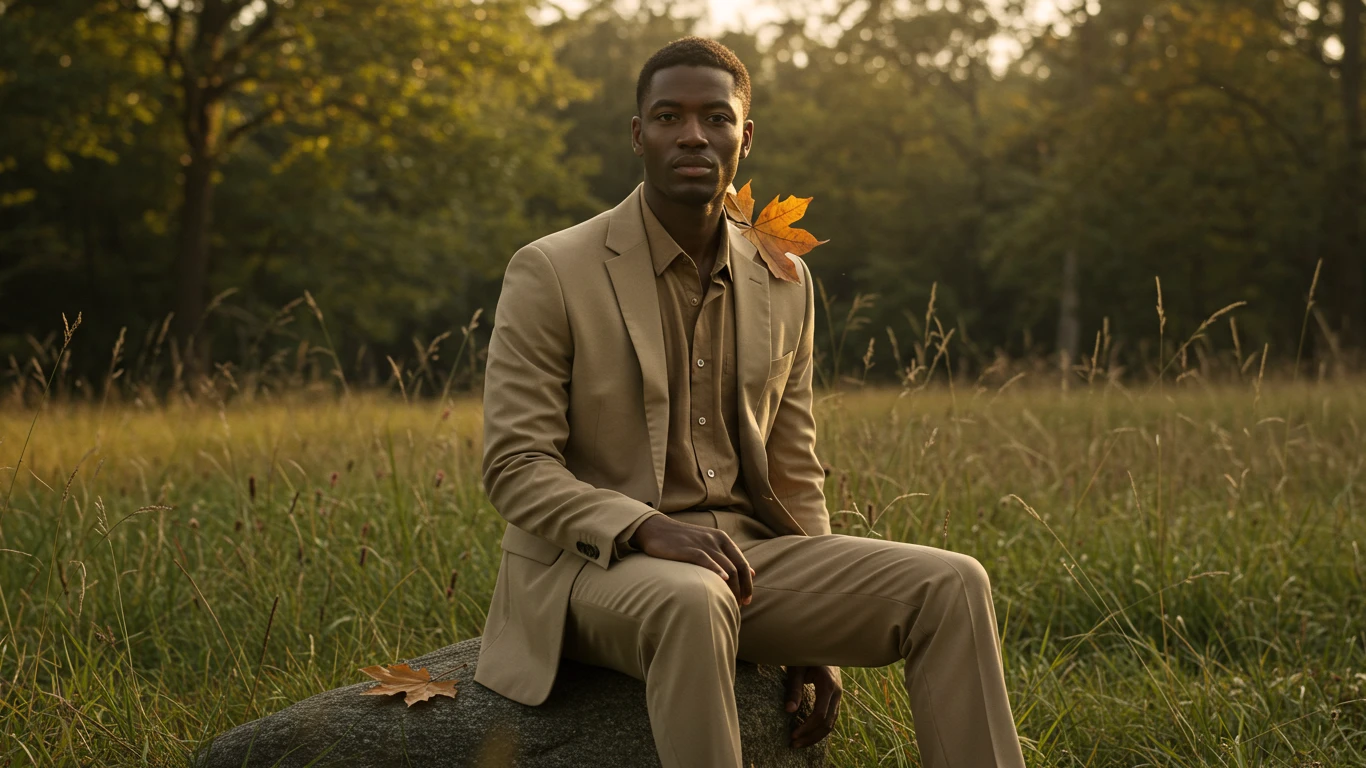 Man in beige suit sitting on a rock in a grassy field, with autumn leaves, under soft sunlight.