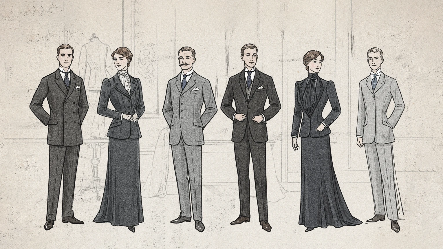 Vintage illustration of men and women in Edwardian formal attire, showcasing early 20th-century fashion styles.