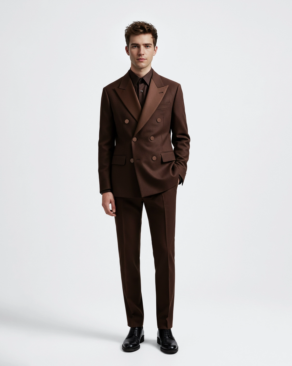 Man in elegant brown suit stands against white background, showcasing modern formal fashion style.