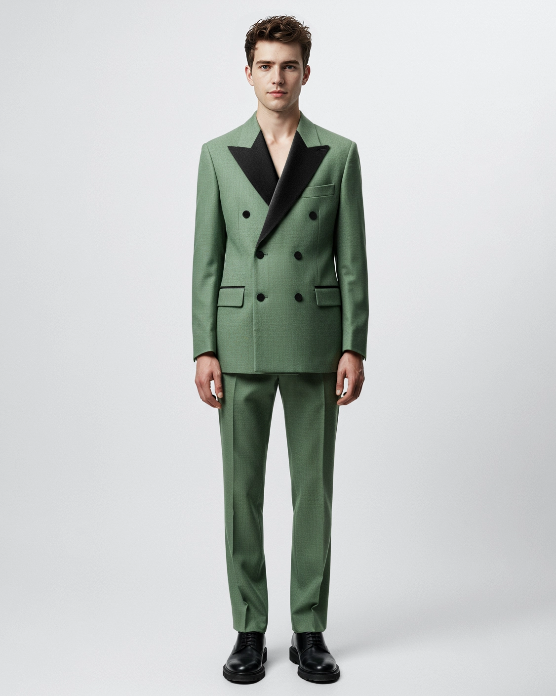 Man in a stylish green double-breasted suit with black lapels standing against a plain background.