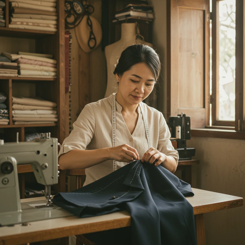 Woman sewing fabric in a tailor workshop with sewing machine and materials in background.