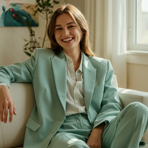 Smiling person in a light blue suit sitting on a couch in a sunlit room with a painting and plant in the background.