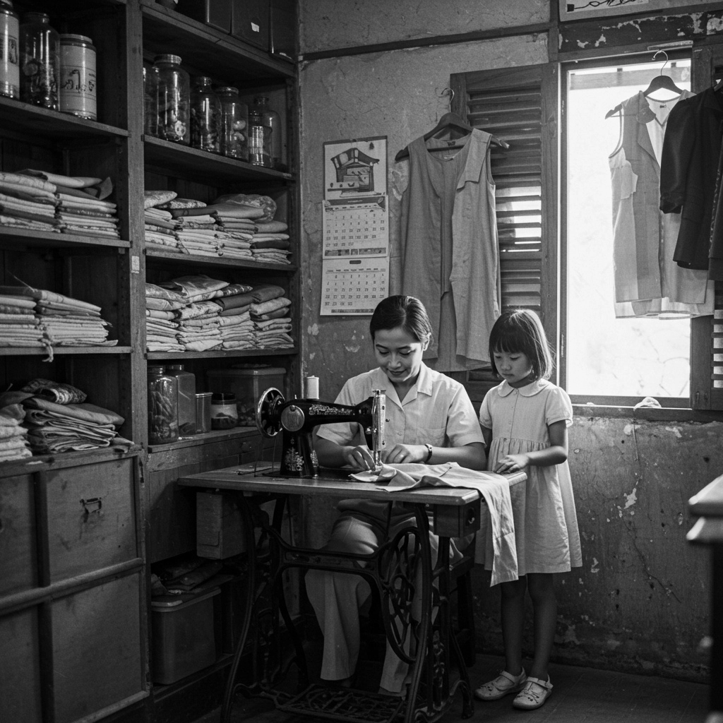 Seamstress working on vintage sewing machine with a young girl watching in a tailor shop.