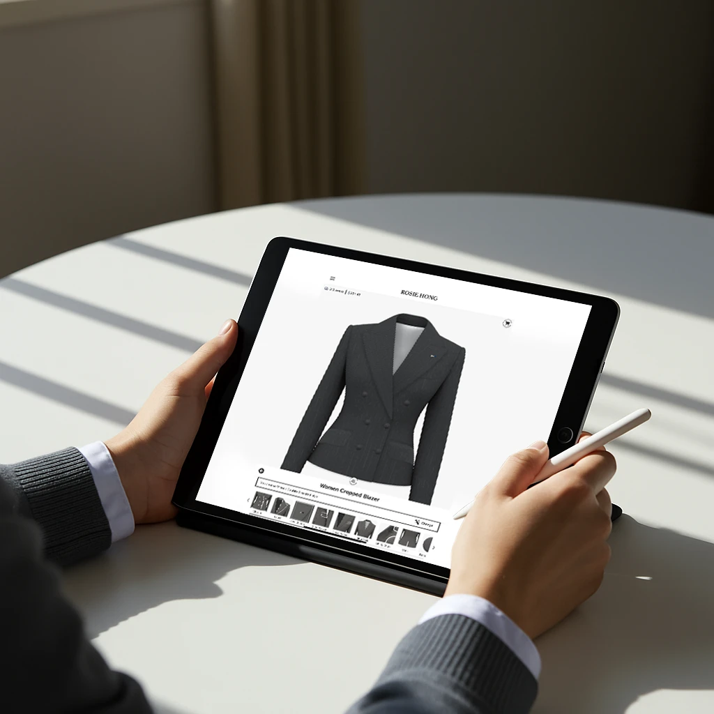 Person viewing online shopping site with women's blazer on tablet screen in sunlight.