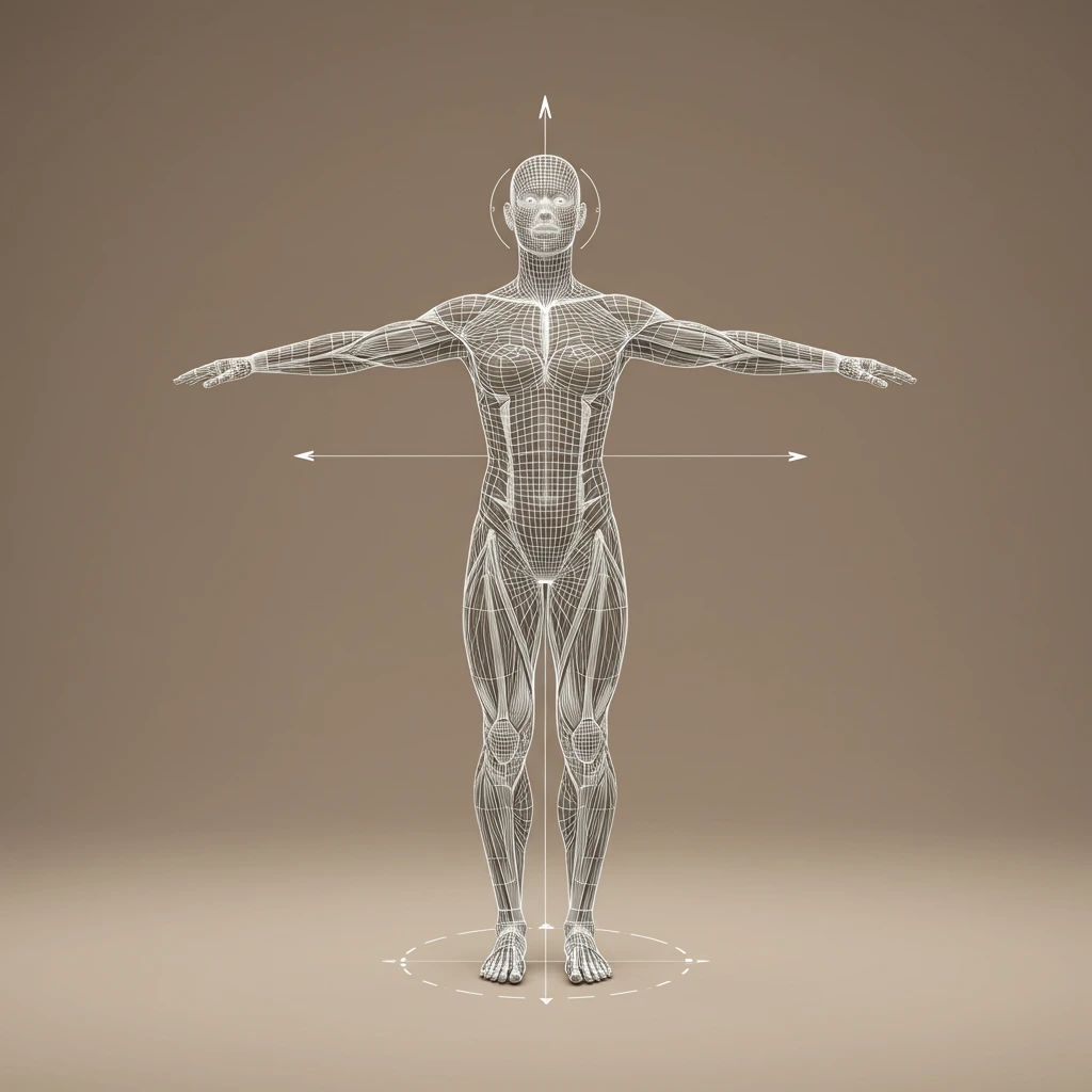 3D wireframe model of a human figure showcasing muscle anatomy on a beige background.
