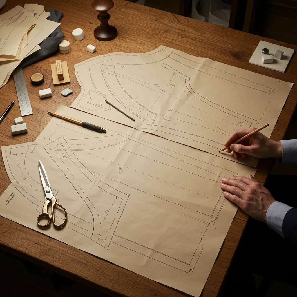 Person drafting tailored garment pattern on paper with tools on a wooden table.