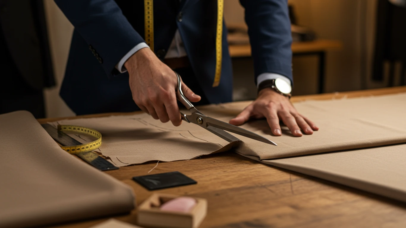 Tailor cutting fabric with scissors on a wooden table, measuring tape draped around shoulders, focused craftsmanship.