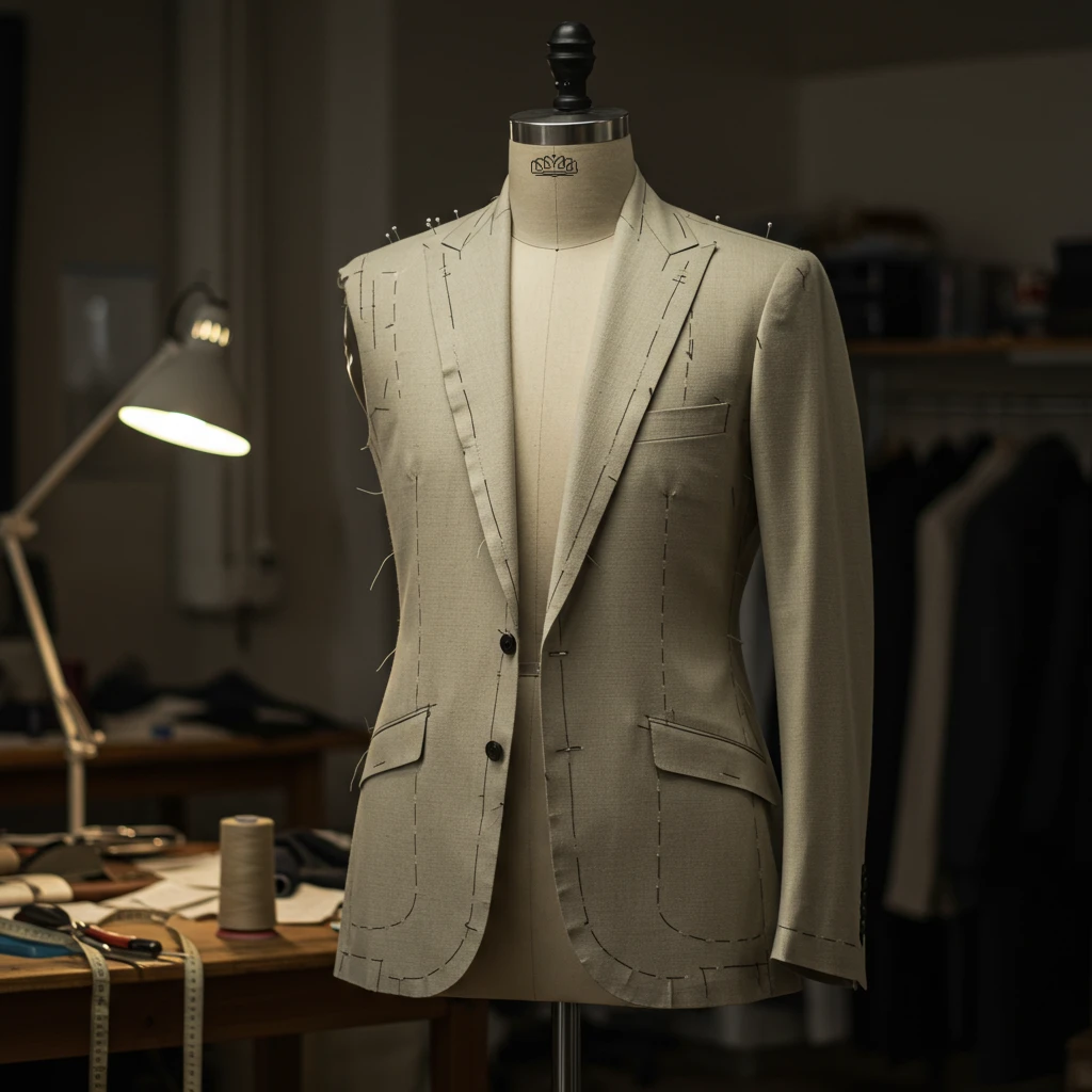 Tailored beige suit jacket on mannequin in a fashion studio, with sewing materials on the table.