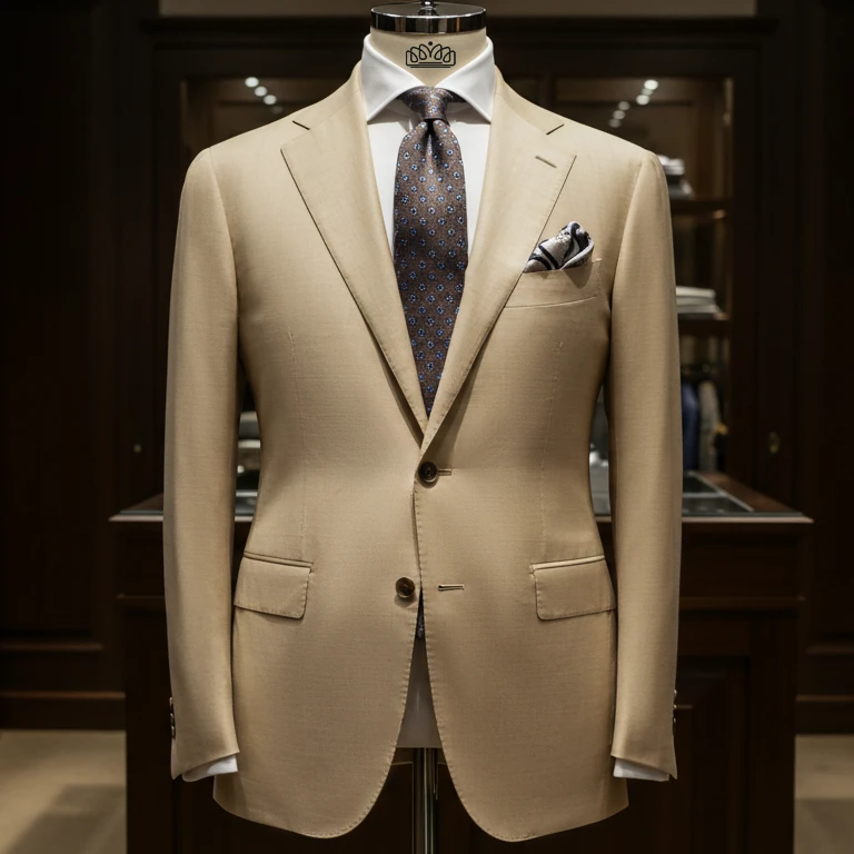 Tan suit with patterned tie and pocket square on mannequin in upscale clothing store.