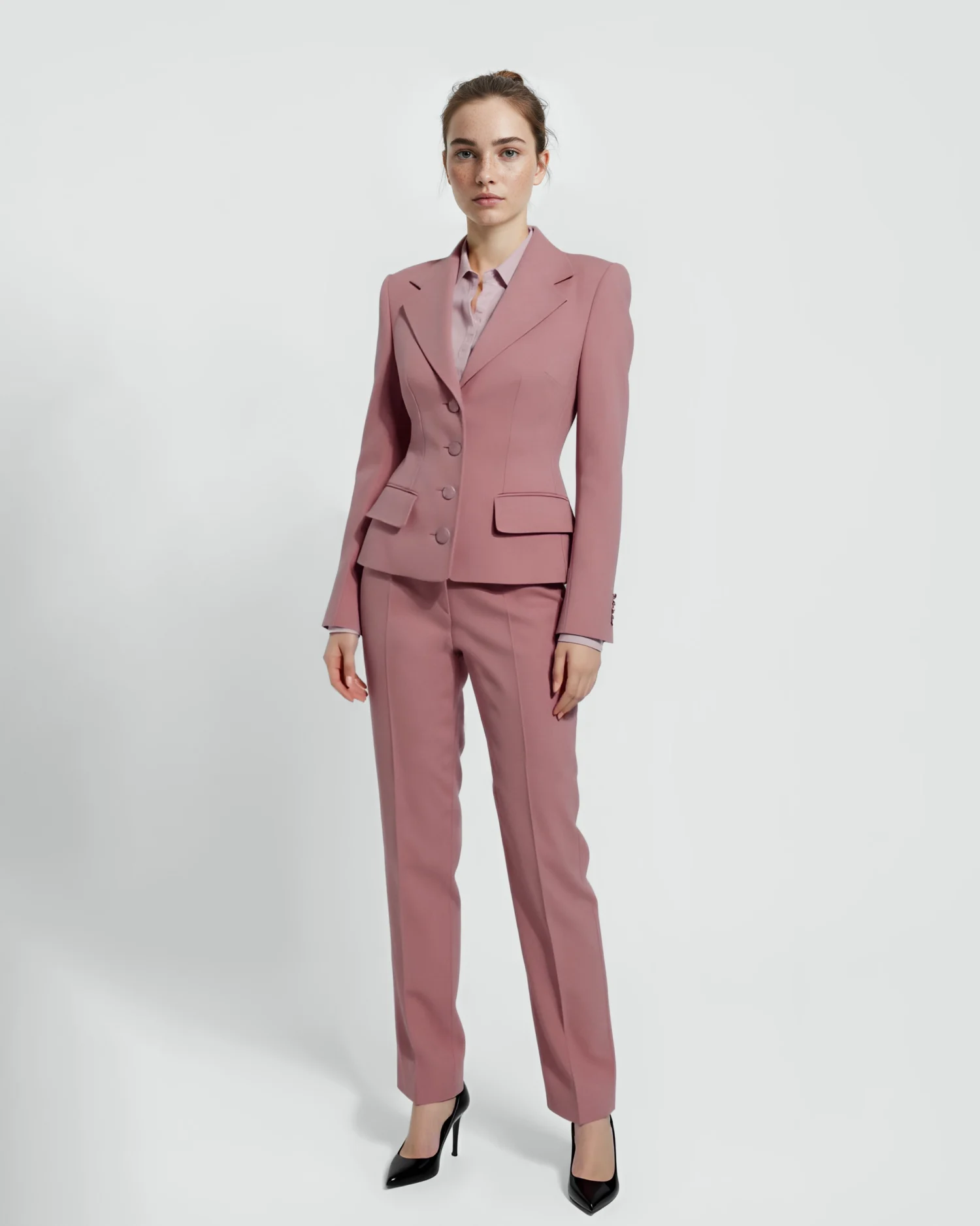 Woman in a tailored pink suit with high heels stands against a plain background, exuding confidence and style.
