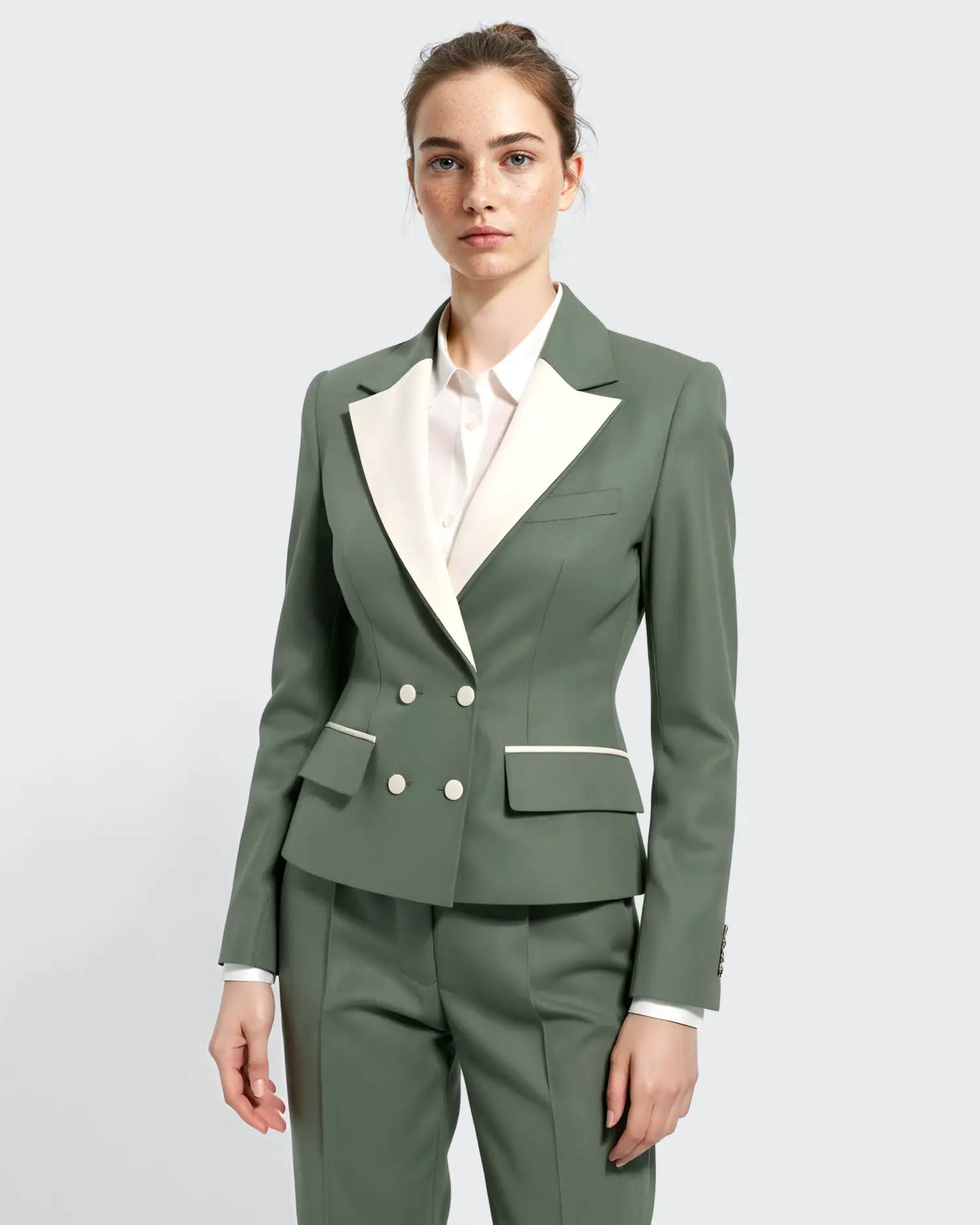 Woman in a tailored green suit with white accents, standing against a plain background, looking confidently ahead.