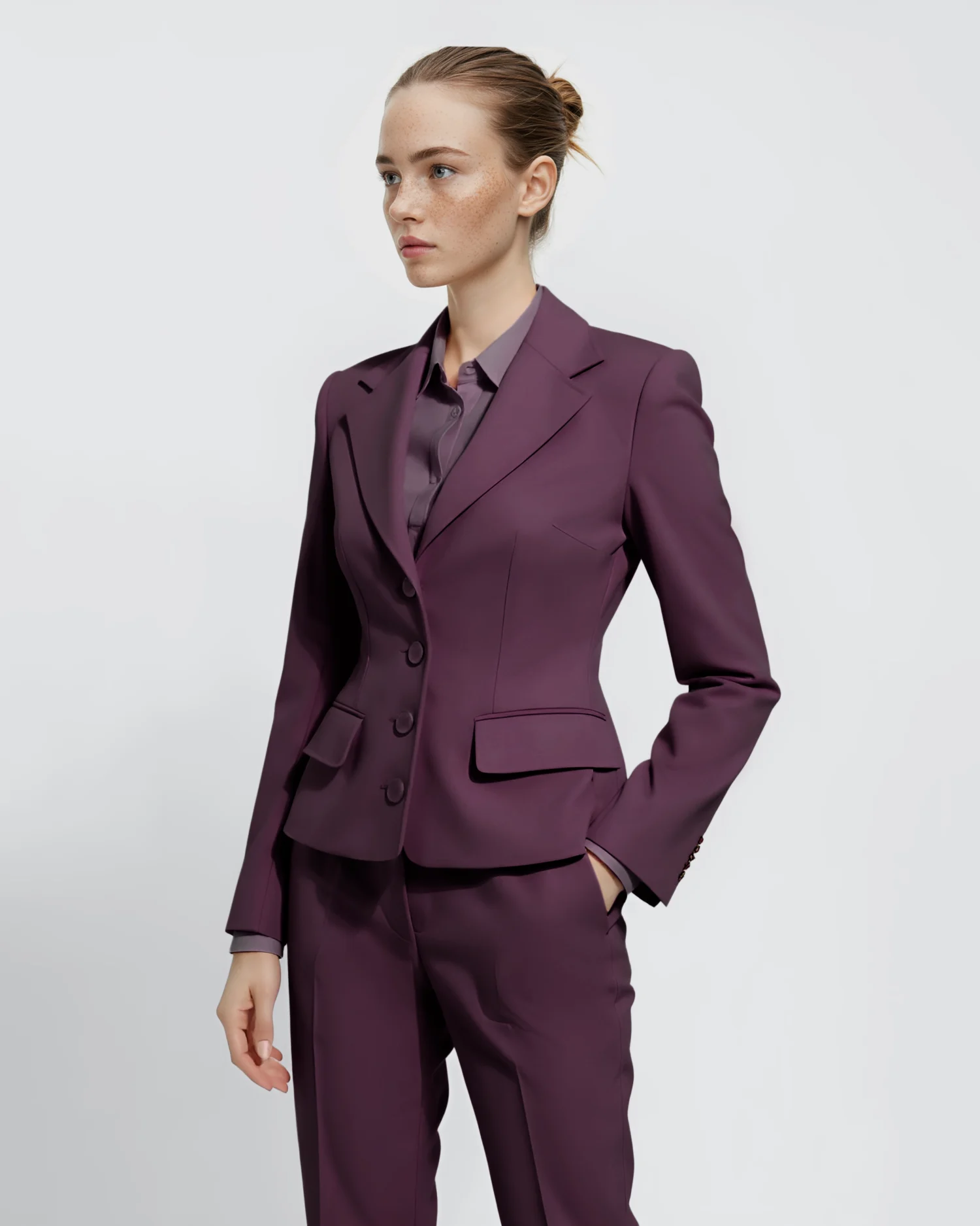 Woman in purple suit and blouse poses confidently, showcasing stylish business attire against a neutral background.