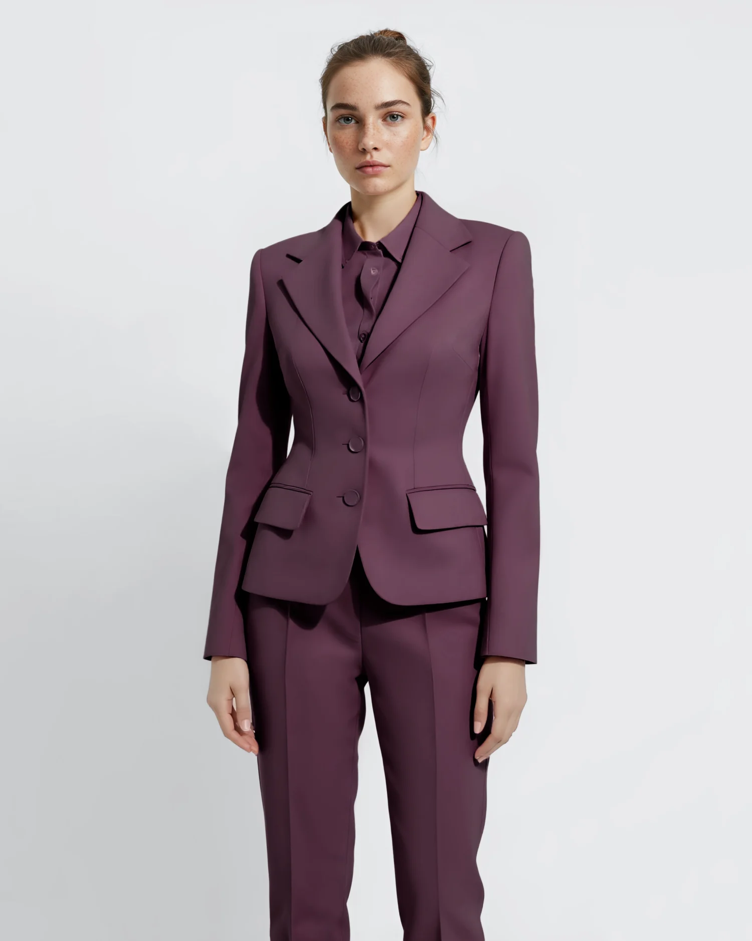 Woman in stylish purple suit standing confidently against a simple background.