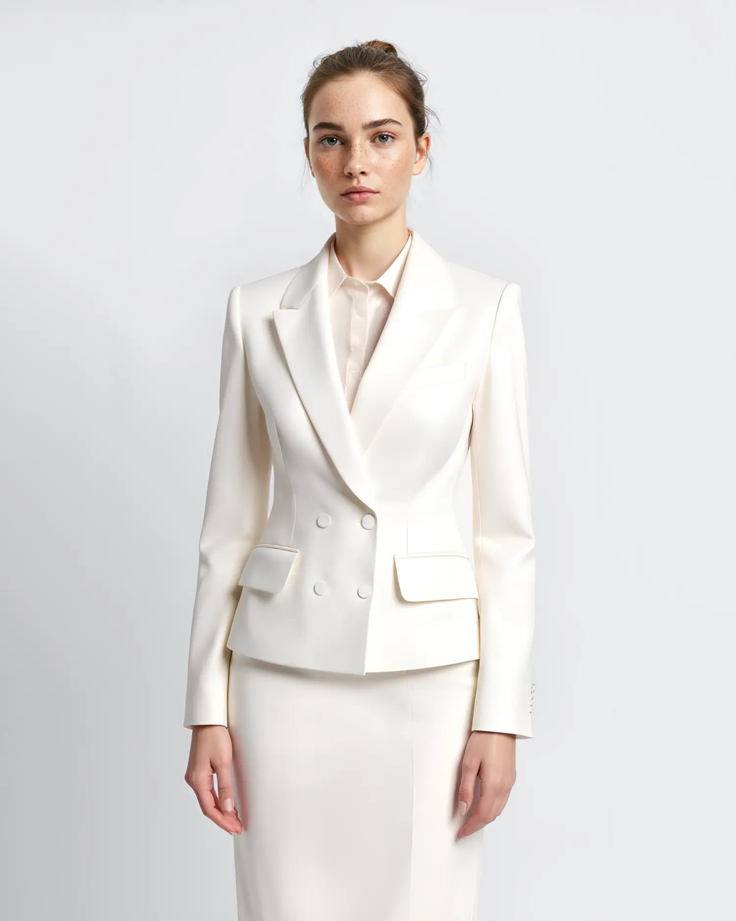 Woman in a white tailored suit, facing forward with a neutral expression, on a plain background.