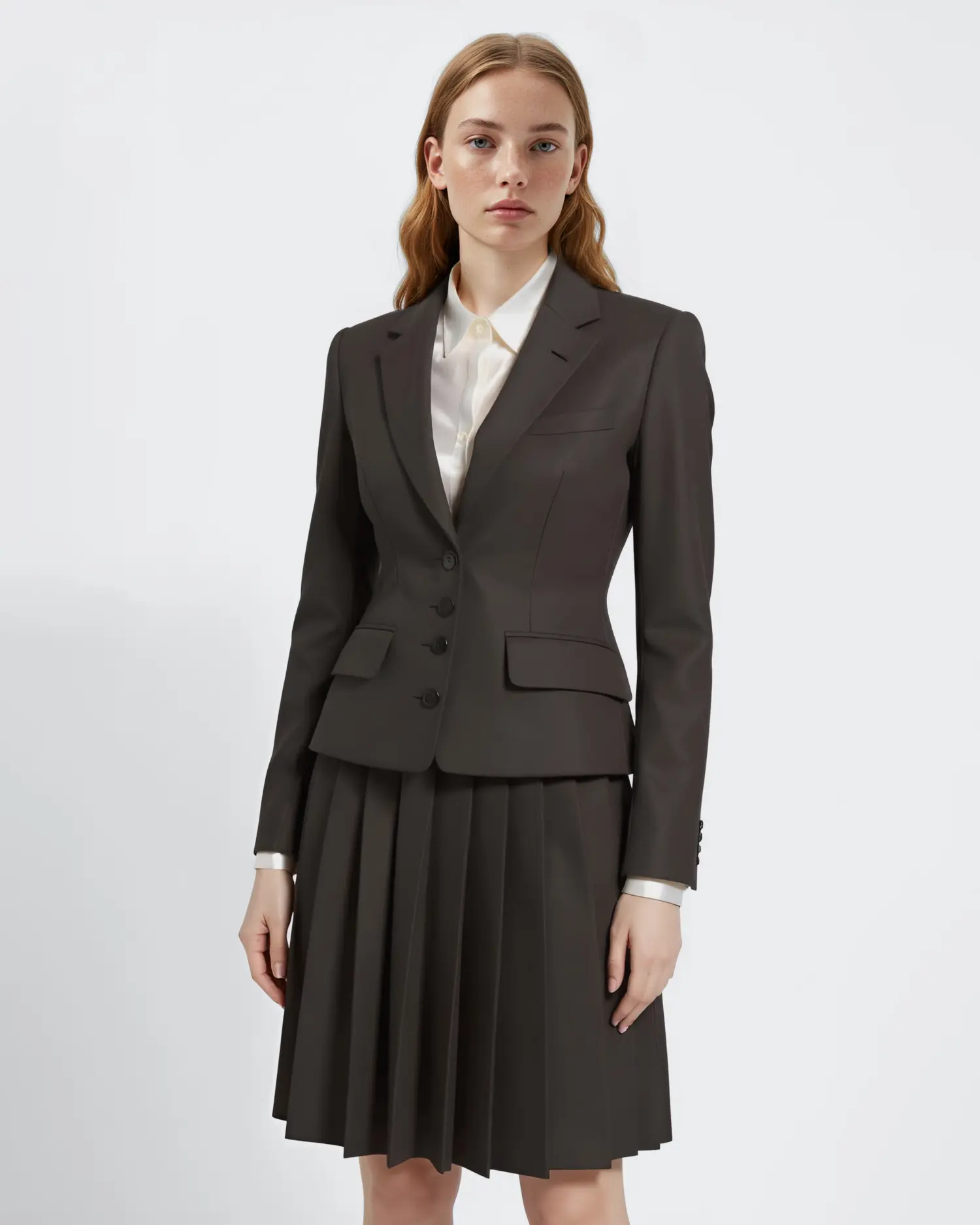 Woman in tailored dark suit with pleated skirt, white shirt underneath. Professional attire on a plain background.