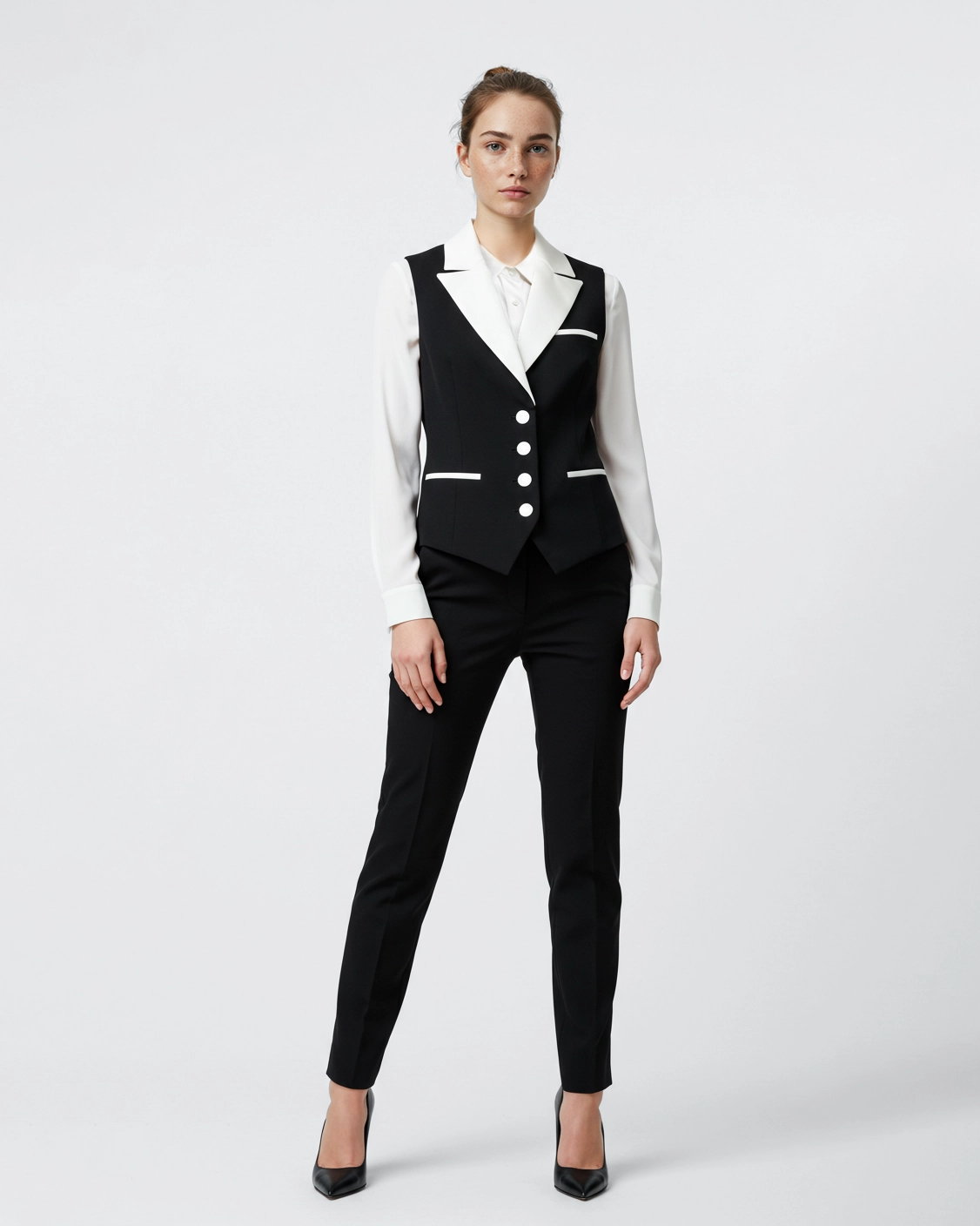 Woman in black and white tailored suit, standing confidently against a plain background.