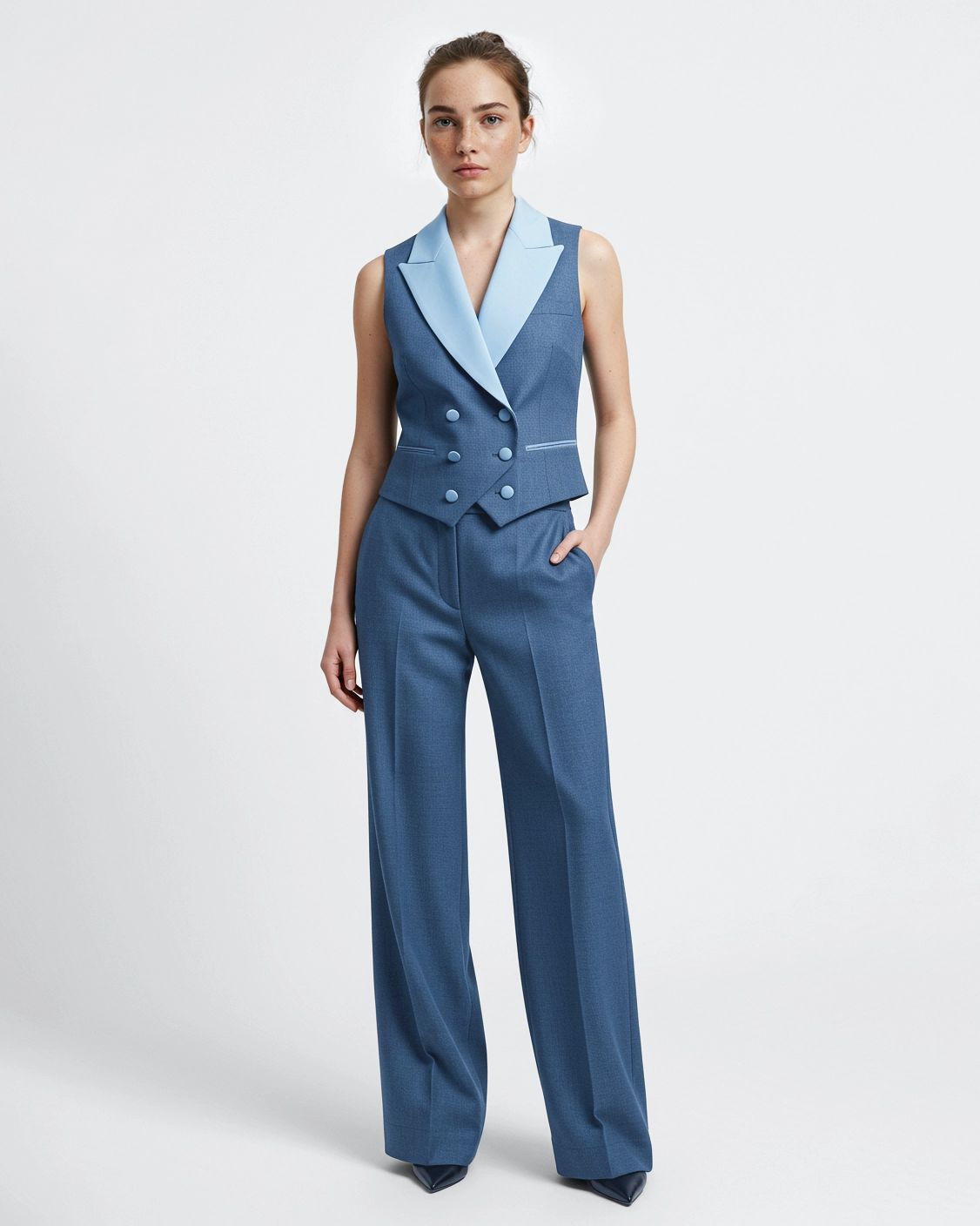 Woman in sleek blue tailored vest and wide-legged pants, posing confidently against a plain white background.