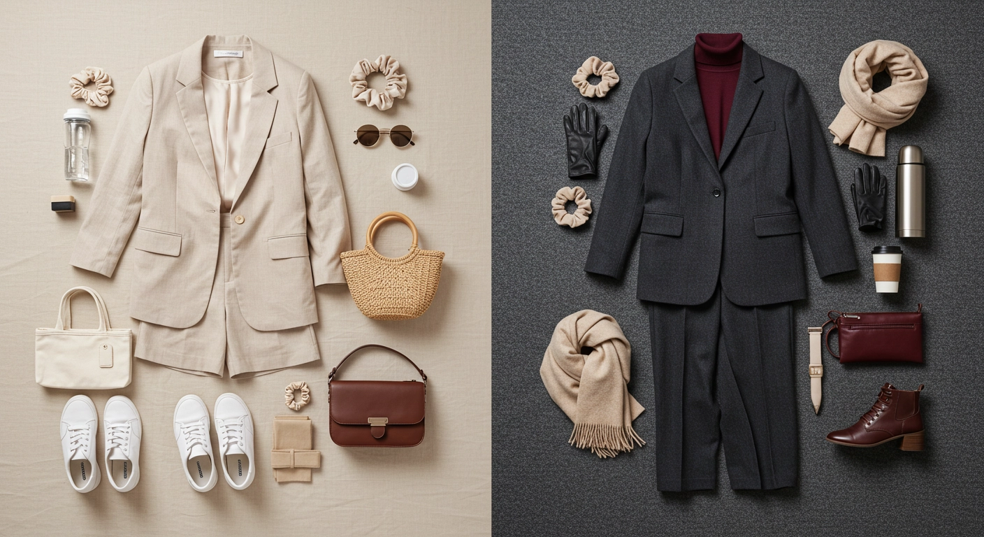 Beige and dark gray office outfits with matching accessories, shoes, bags, and outerwear on a flat lay display.
