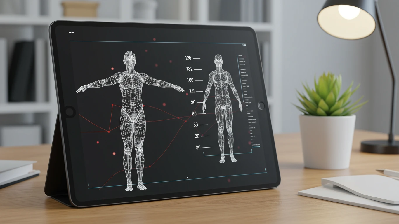 3D human anatomy model displayed on tablet at a desk, illustrating digital health technology concepts.