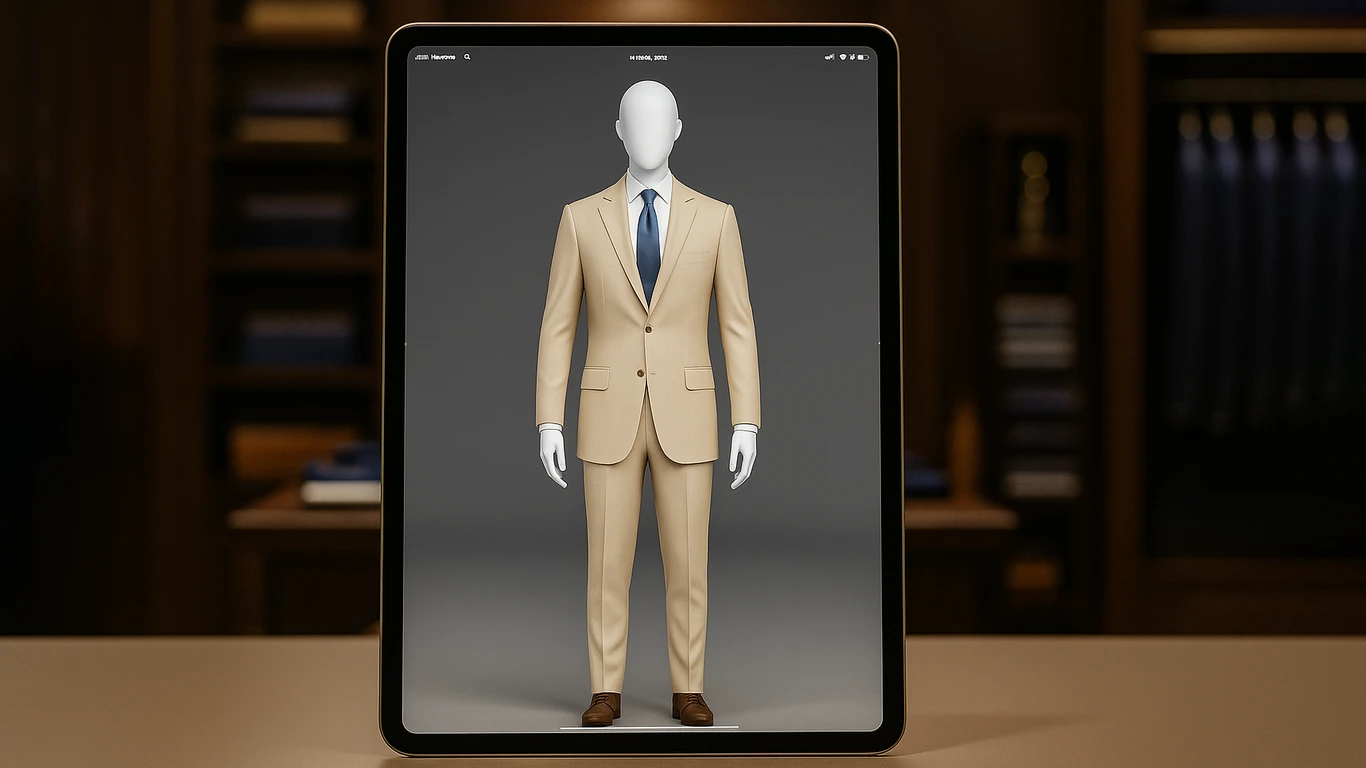 Digital mannequin in a beige suit displayed on a tablet screen in a tailored shop setting.