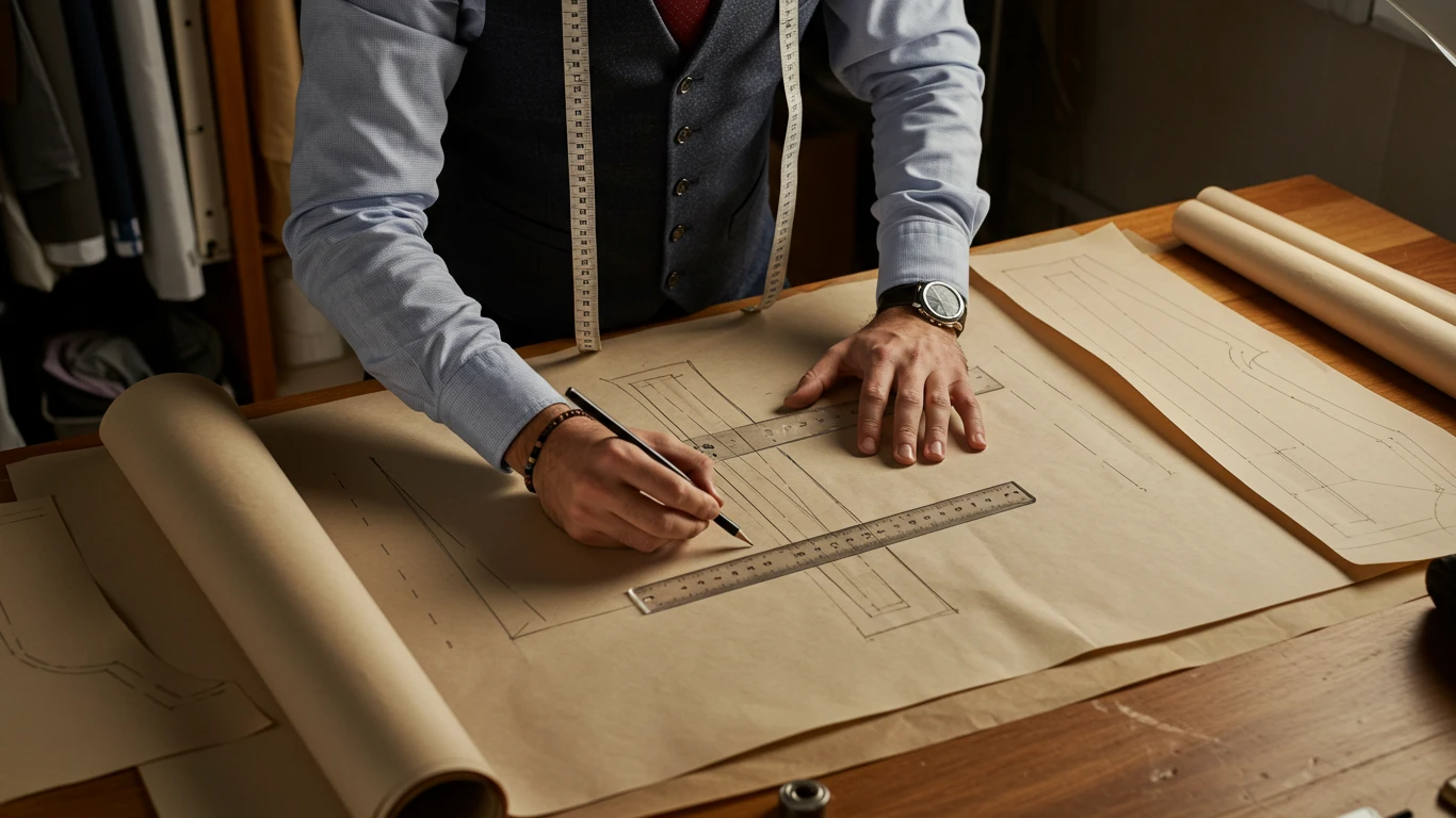 Tailor sketching clothing patterns on paper with ruler and pencil in a workshop.