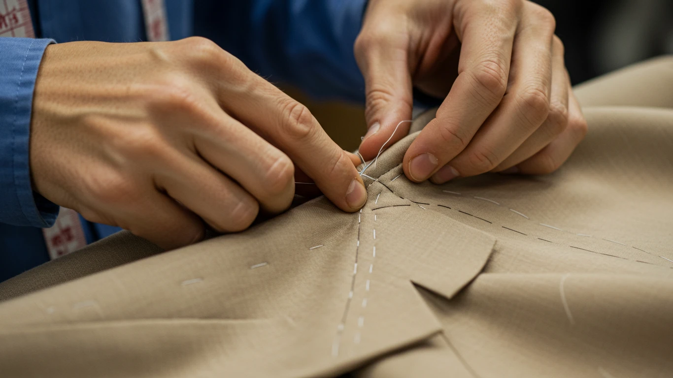Close-up of hands sewing a beige fabric, highlighting detailed tailoring craftsmanship.